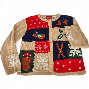 HolidayLodge Northcrest Festive Button-up Christmas Holiday Cardigan Sz M 10/12